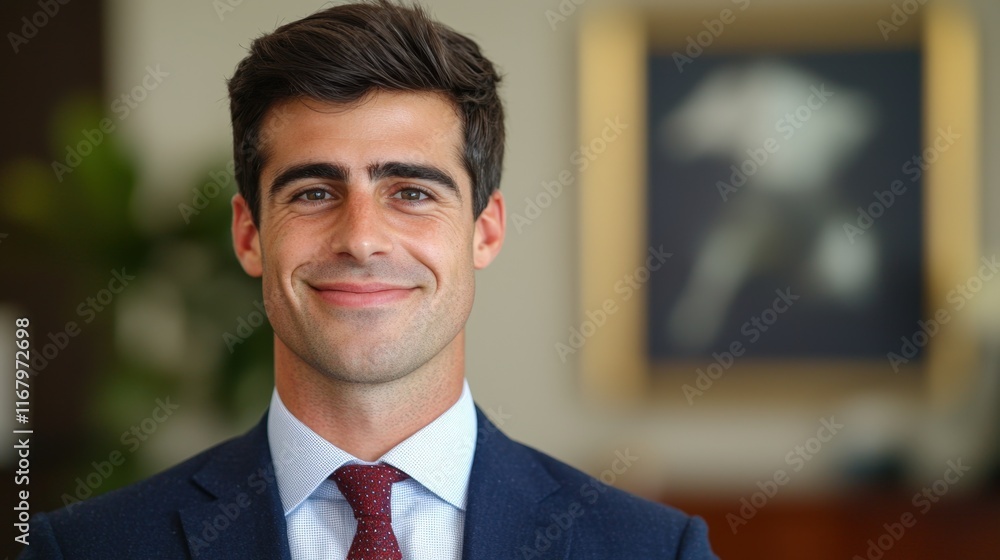 Fototapeta premium Cash management and finance optimization, A confident young man in a suit smiles warmly, set against a blurred professional background with framed art.