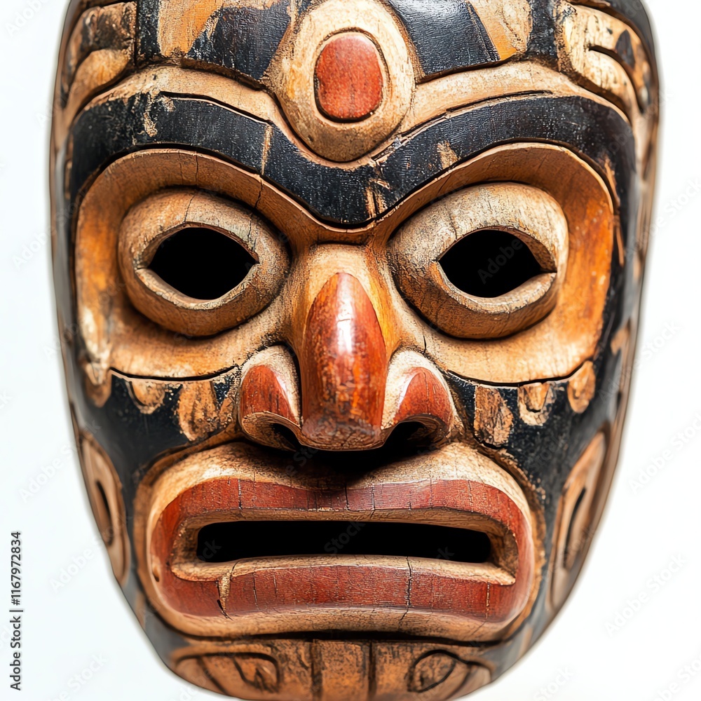 Carved wooden mask with intricate designs and vibrant colors on a white background. Carved wooden mask with intricate designs and vibrant colors on a white background.