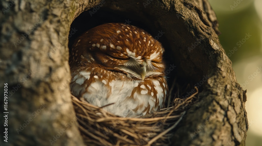 A small owl rests peacefully in its tree hollow nest. A small owl rests peacefully in its tree hollow nest.
