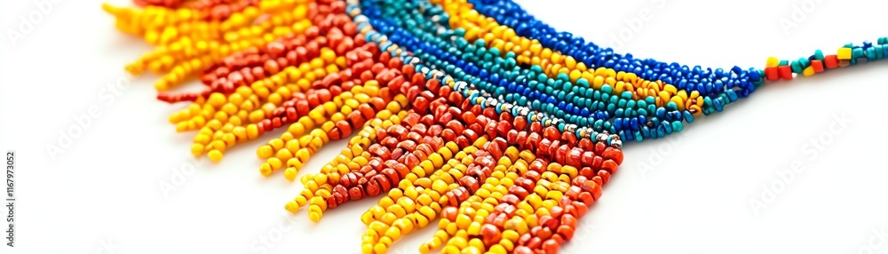 Vibrant beaded necklace with colorful fringe on a white isolated background. Vibrant beaded necklace with colorful fringe on a white isolated background.