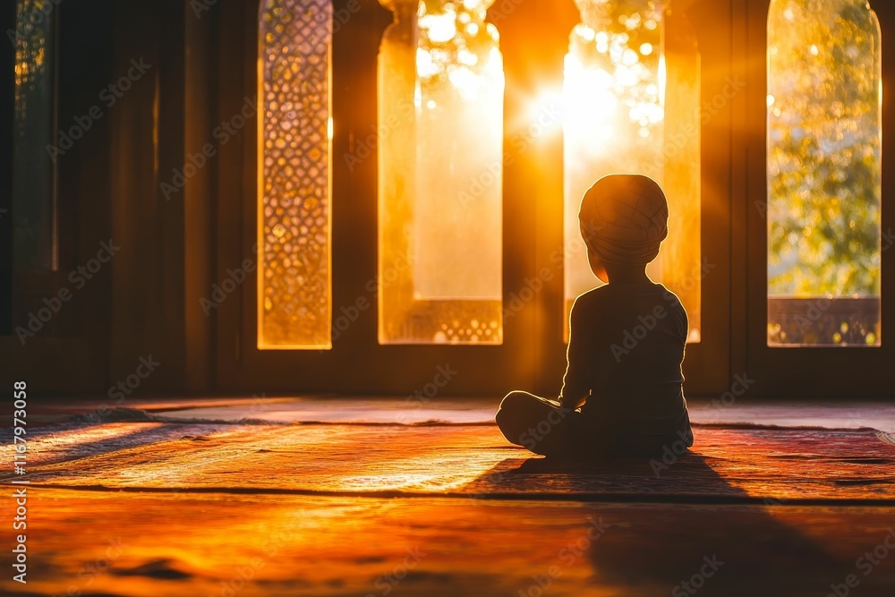Silhouetted child meditates, sunset through windows. Silhouetted child meditates, sunset through windows.