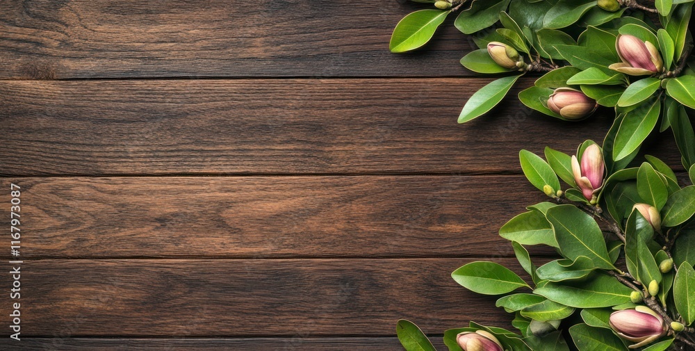 Dark wood texture background with magnolia blossoms and leaves. Dark wood texture background with magnolia blossoms and leaves.