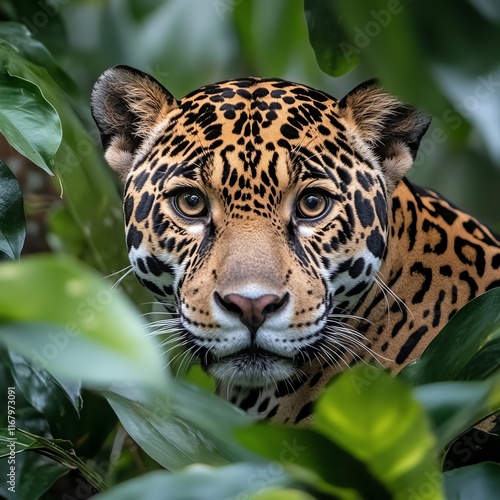 Jaguar peering through lush green foliage, natural habitat setting. photo