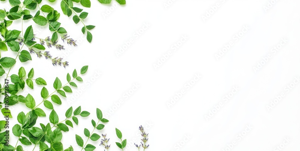 Lush green leaves and purple flowers frame a white background, creating a vibrant, natural border. Lush green leaves and purple flowers frame a white background, creating a vibrant, natural border.