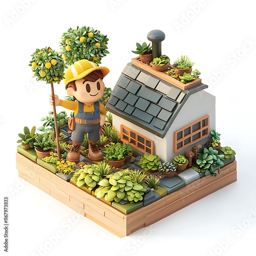 A cheerful cartoon gardener tending to a vibrant miniature garden next to a charming little house. photo