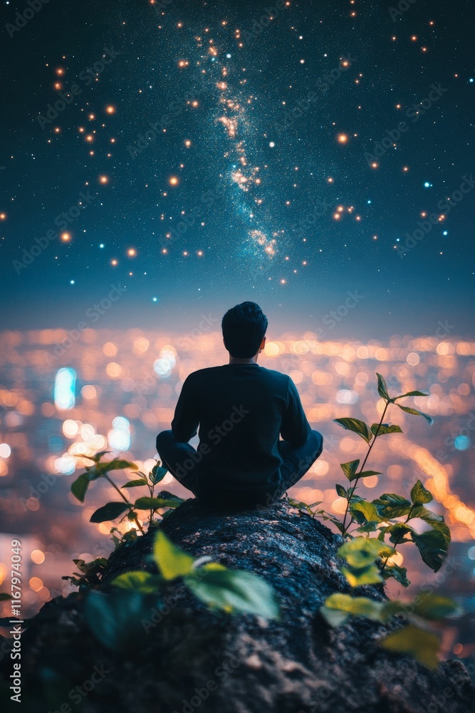 Person meditates, overlooking city lights, starry night. Person meditates, overlooking city lights, starry night.