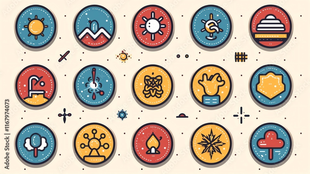 Colorful circular icons depicting various symbols and objects. Colorful circular icons depicting various symbols and objects.