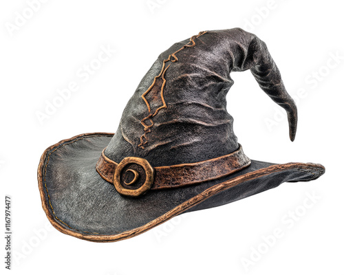 vintage wizard hat with worn leather texture and decorative band, perfect for fantasy themes and costume design. This hat evokes sense of magic and adventure photo