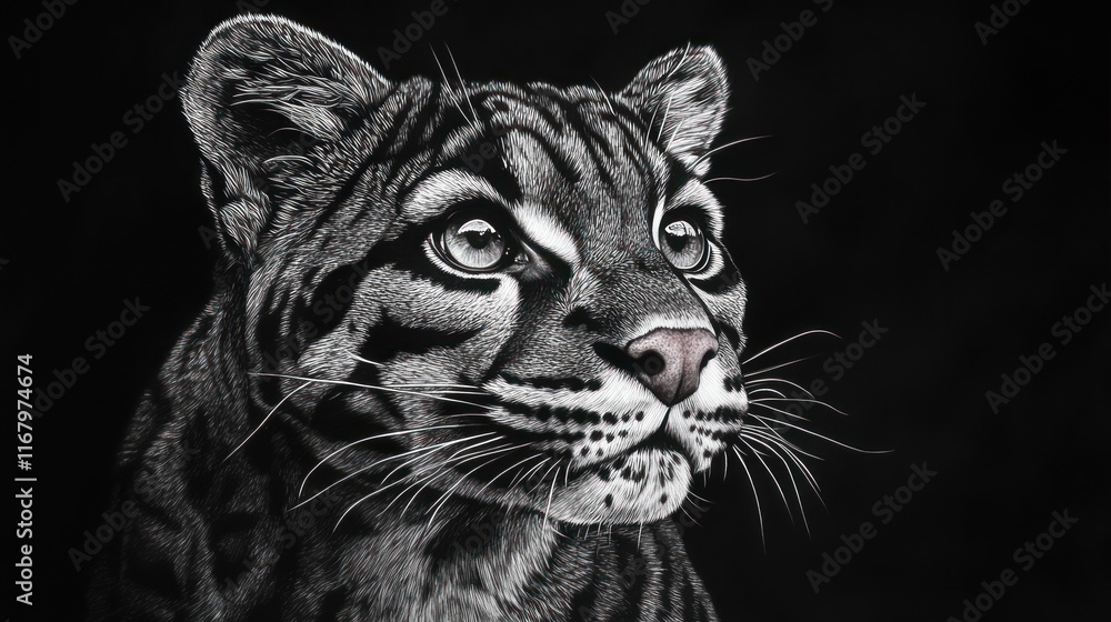 Close-up portrait of an ocelot, its gaze directed upward, set against a stark black background. Close-up portrait of an ocelot, its gaze directed upward, set against a stark black background.