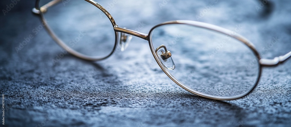 Golden eyeglasses rest on textured blue surface, eye wear close up. Golden eyeglasses rest on textured blue surface, eye wear close up.