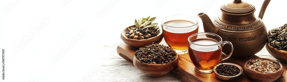 Teapot with tea, cups, and spices on wooden tray, white isolated background. Teapot with tea, cups, and spices on wooden tray, white isolated background.