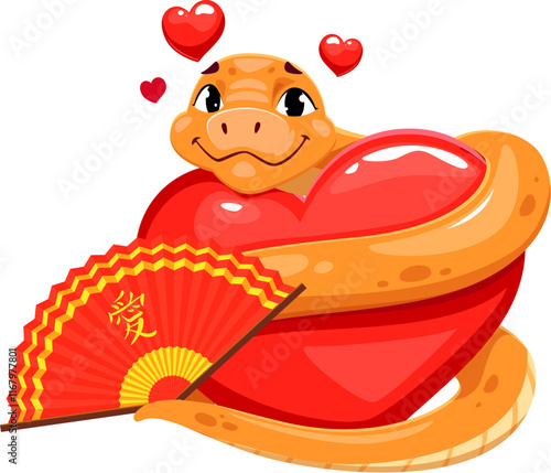 Funny cartoon snake valentine day and Chinese new year character cuddles a large red heart, exuding love with floating red hearts above and red traditional Asian fan. Vector serpent, reptile personage