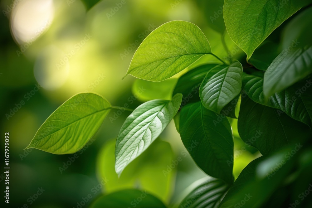 Lush green leaves illuminated by sunlight in a natural setting. Lush green leaves illuminated by sunlight in a natural setting.