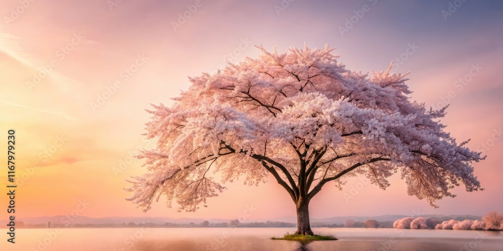 A blooming cherry blossom tree stands alone against a soft pink and white sky with subtle sunlight filtering through its branches , washington dc, flowers A blooming cherry blossom tree stands alone against a soft pink and white sky with subtle sunlight filtering through its branches , washington dc, flowers