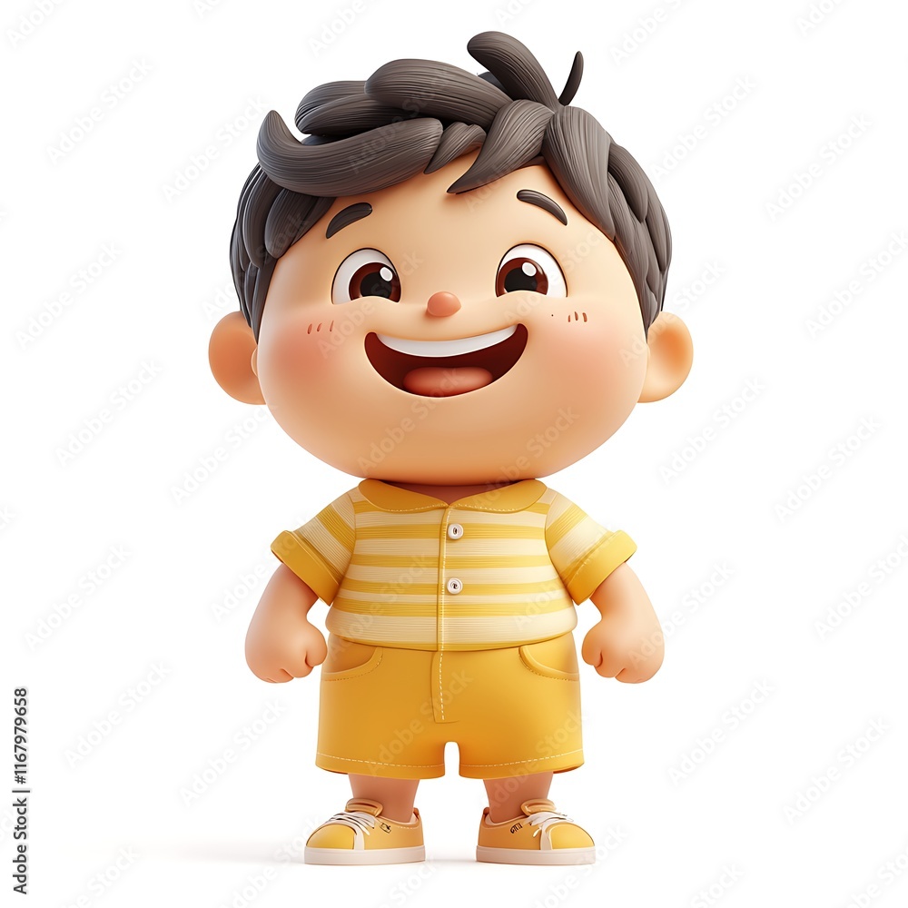 Fototapeta premium Joyful 3D Render of a Smiling Cartoon Boy in Yellow Outfit.