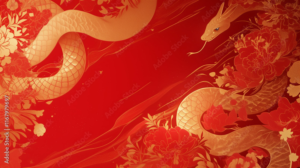 Golden snake pattern on red background, Year of the Snake background