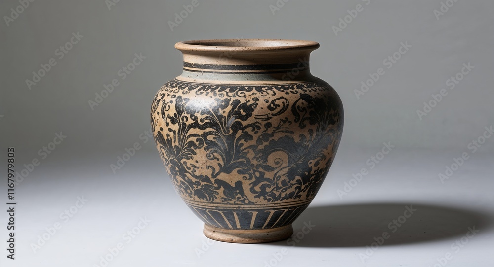 Black theme ancient ceramic vase on plain white background Black theme ancient ceramic vase on plain white background