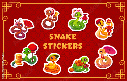 Cute cartoon Chinese new year snakes stickers pack with playful reptiles hold red money envelopes, gold coins, fans, lanterns, and mandarins, celebrate joy, prosperity, and traditional cultural events