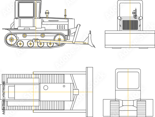 Vector sketch illustration silhouette design detail of construction vehicle bulldozers for road and bridge repair.eps photo