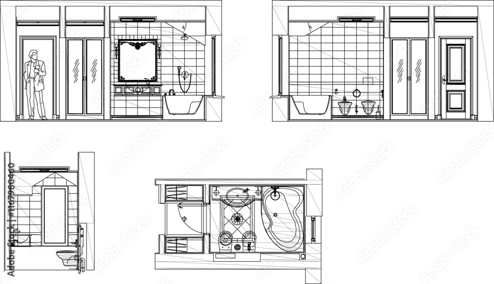Fototapeta premium Vector sketch illustration silhouette design detail plan and elevation of modern bathroom building.eps