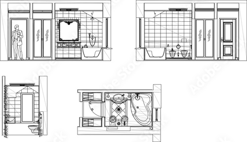Vector sketch illustration silhouette design detail plan and elevation of modern bathroom building.eps