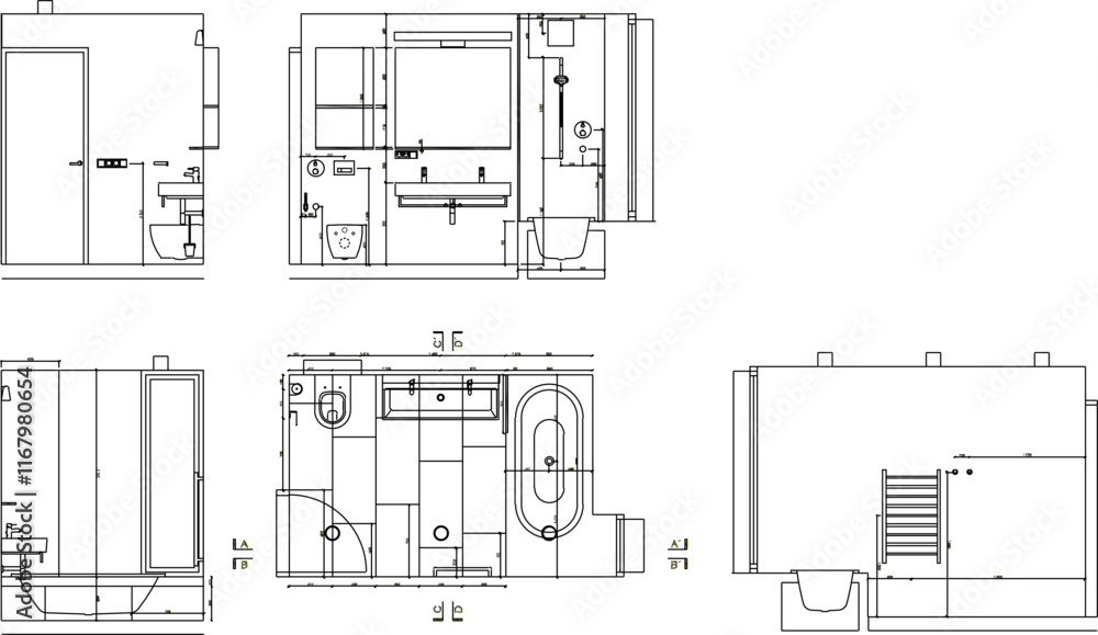 Vector sketch illustration silhouette design detail site plan view and section of modern bathroom building.eps Vector sketch illustration silhouette design detail site plan view and section of modern bathroom building.eps