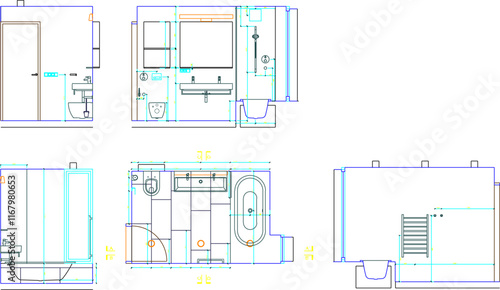 Vector sketch illustration silhouette design detail site plan view and section of modern bathroom building.eps