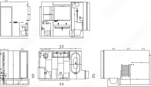 Vector sketch illustration silhouette design detail site plan view and section of modern bathroom building.eps