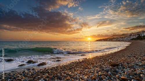 view of the beach with pebbles and sand at sunset