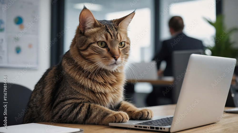 Tabby cat working from home office, sitting at a desk using a laptop computer. Tabby cat working from home office, sitting at a desk using a laptop computer.