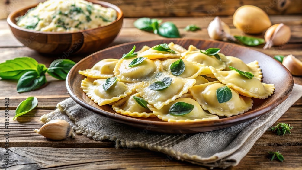 Boiled ravioli filled with spinach and ricotta cheese on a wooden table, kitchen, food Boiled ravioli filled with spinach and ricotta cheese on a wooden table, kitchen, food