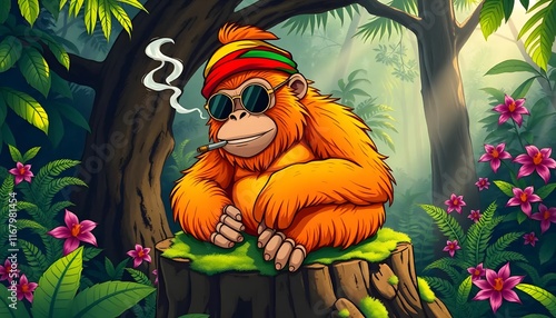 Cool Orangutan in Tropical Jungle: A Relaxed, Vibrant Illustration photo