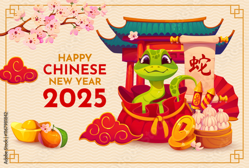 Cartoon poster with Chinese New Year snake character and holiday food, vector Asian 2025 holiday. Happy Chinese New Year greeting card with snake, firecrackers and tangerines, gold coins and dumplings