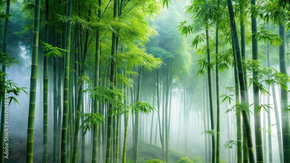 Fototapeta premium Dense foliage of tall bamboo plants swaying gently in a misty forest atmosphere , japan, greenery