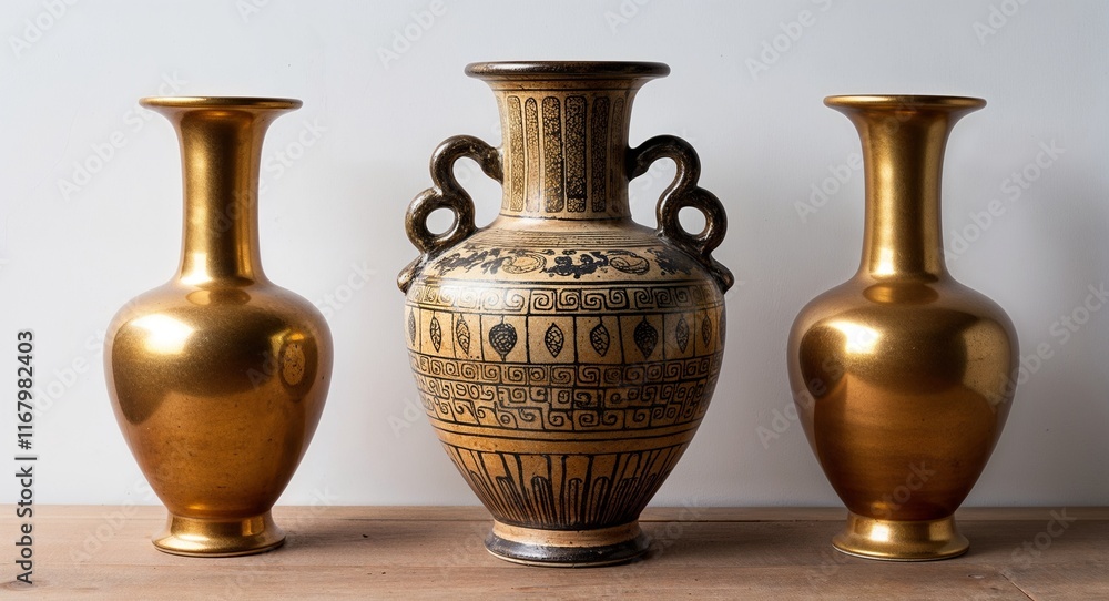 Gold theme ancient ceramic vase on plain white background Gold theme ancient ceramic vase on plain white background