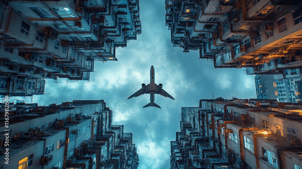 Airplane flying over dense urban high-rise buildings. Airplane flying over dense urban high-rise buildings.