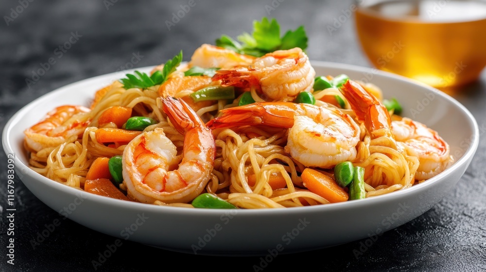 Shrimp noodles with vegetables in a bowl, garnished with herbs. Shrimp noodles with vegetables in a bowl, garnished with herbs.