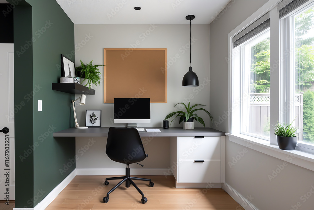 Compact home office nook with a floating desk, sleek storage cabinets, and a corkboard for organization against a dark green accent wall. interior design concept Compact home office nook with a floating desk, sleek storage cabinets, and a corkboard for organization against a dark green accent wall. interior design concept