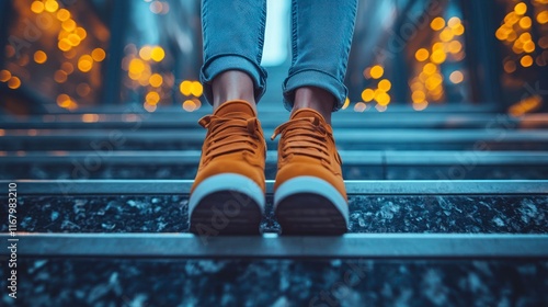 Person's feet in orange sneakers on steps at night. photo