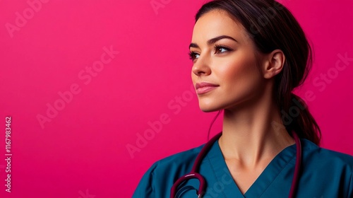 profile shot of a female doctor with confident pose in stylish modern scrubs shot in a studio against a fuchsia background photo