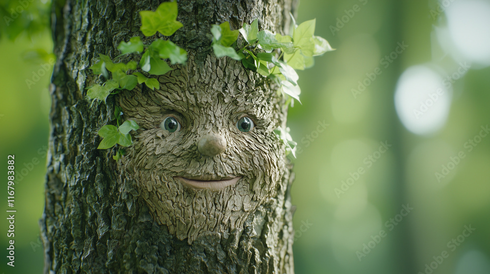 Smiling Tree Guardian: A whimsical tree with a friendly face, nestled in a lush forest setting. Its gentle expression evokes feelings of peace and connection with nature. Smiling Tree Guardian: A whimsical tree with a friendly face, nestled in a lush forest setting. Its gentle expression evokes feelings of peace and connection with nature.