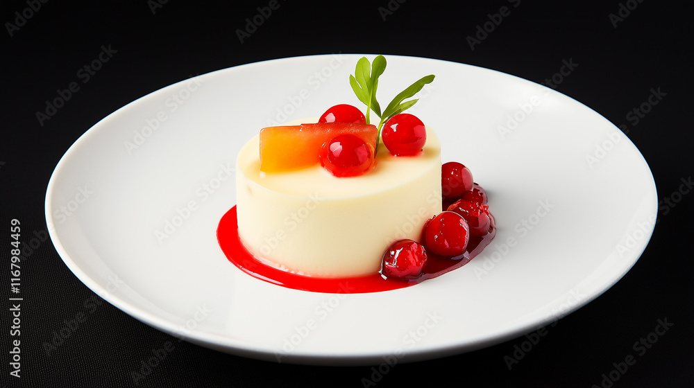 Elegant Creamy Panna Cotta with Red Berry Compote and Peach Garnish Elegant Creamy Panna Cotta with Red Berry Compote and Peach Garnish