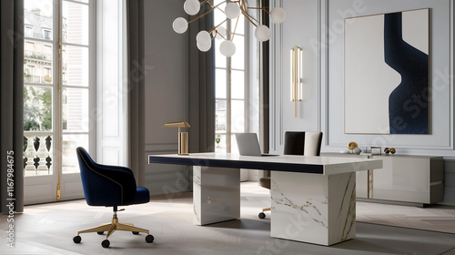Elegant home office interior design with a marble desk, velvet chair, and gold accents, complemented by a chandelier and abstract artwork.
