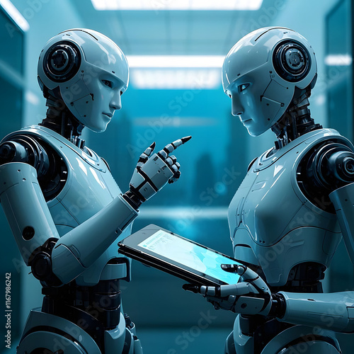 Two Humanoid Robots Collaborating with Tablet in Blue Room