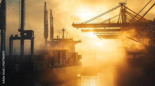 Industrial port scene in early morning, a freight vessel offloading goods bathed in soft warm light, layers of mist adding depth and serenity to this global trade hub.