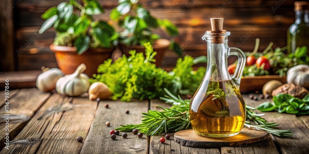 A bottle of olive oil and vinegar with a rustic wooden table and a few fresh herbs in the background , kitchen, oil, kitchen A bottle of olive oil and vinegar with a rustic wooden table and a few fresh herbs in the background , kitchen, oil, kitchen