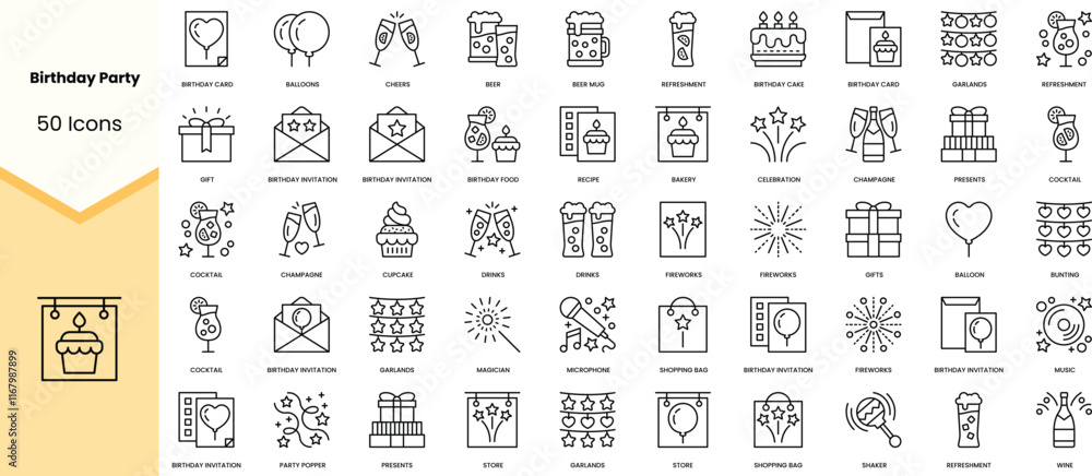 Set of birthday party icons. Simple line art style icons pack. Vector illustration Set of birthday party icons. Simple line art style icons pack. Vector illustration