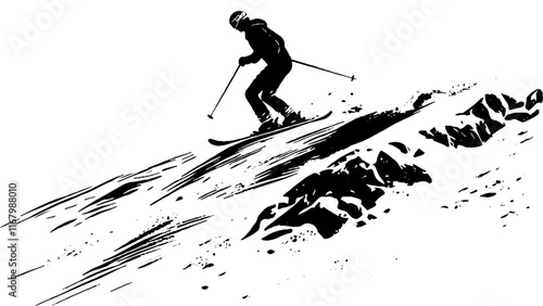 Skier Descending Mountain Slope, Black and White Vector Illustration