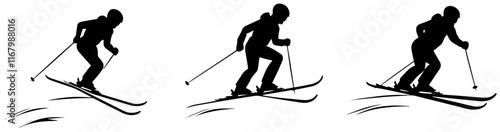 Silhouettes of Skiers in Motion on Snowy Slopes