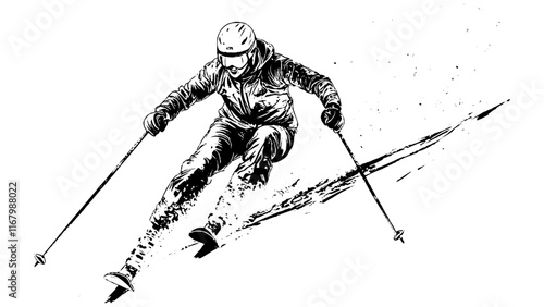 Skiing Athlete in Action, Black and White Vector Illustration